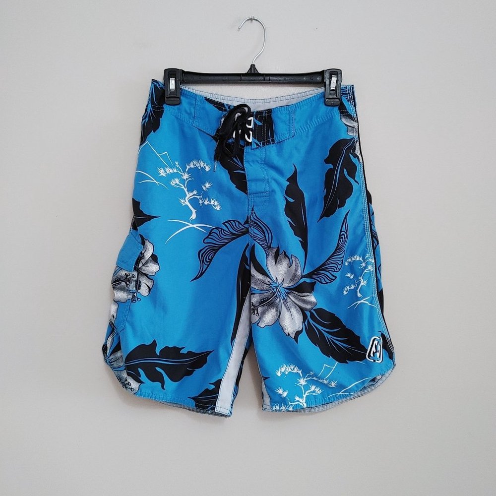 Billabong Men's Board Shorts Size 30 Blue Print Polyester Vintage Swim Shorts
